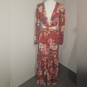 Nikki Lund Boho Princess Silky Rust Floral Print Ruffled VNeck Maxi Gown Size M